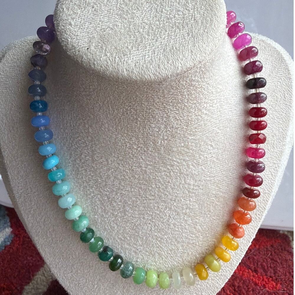 16" Ombre Rainbow Gemstone Necklace, Semi-Precious, Gold Tone Hardware